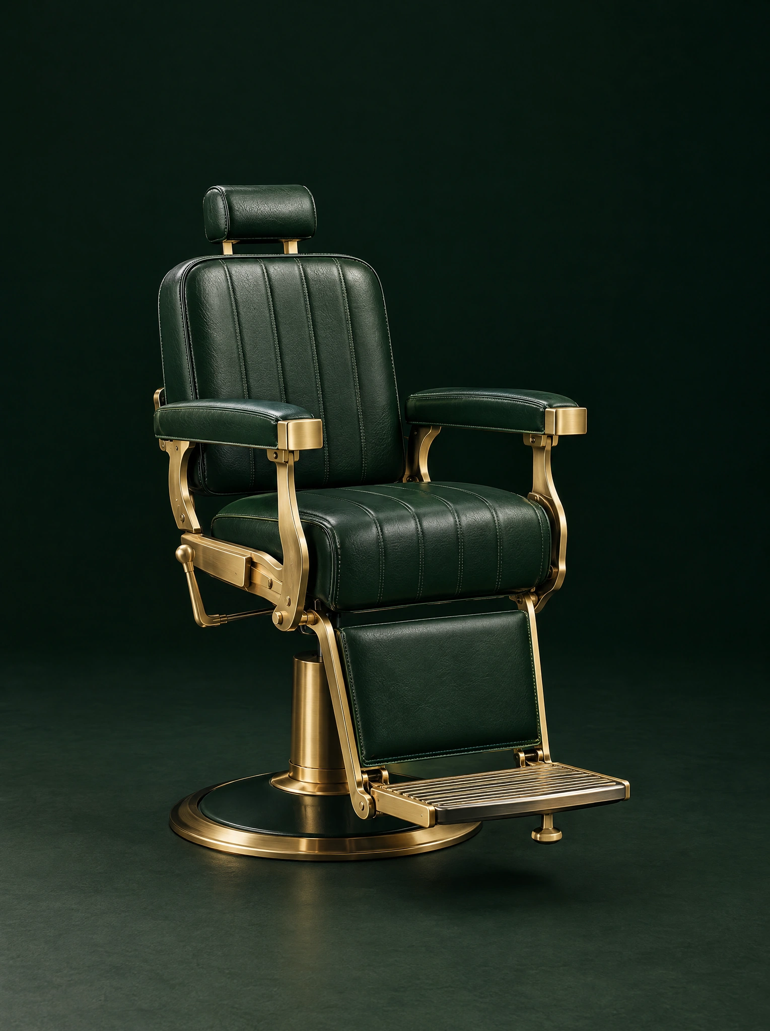 Sillón de barbería de cuero verde y detalles dorados