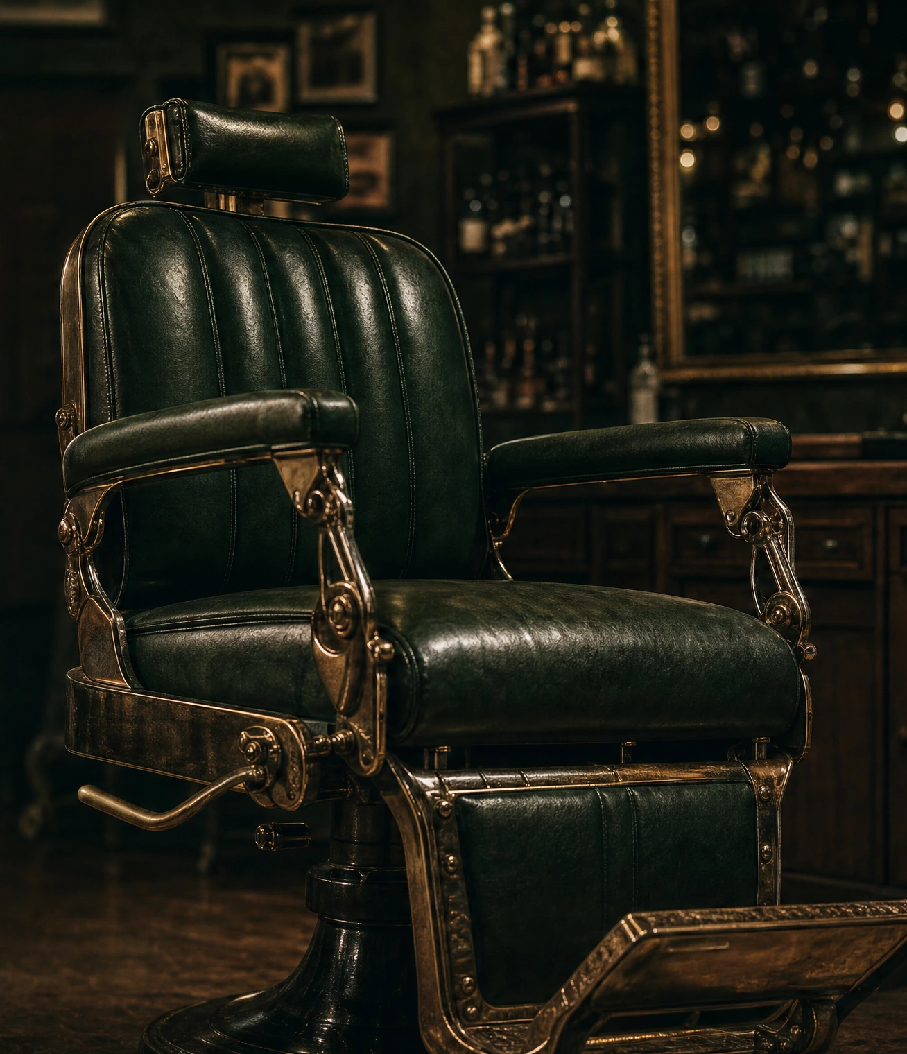 Sillón clásico verde y dorado en una composición de barbería