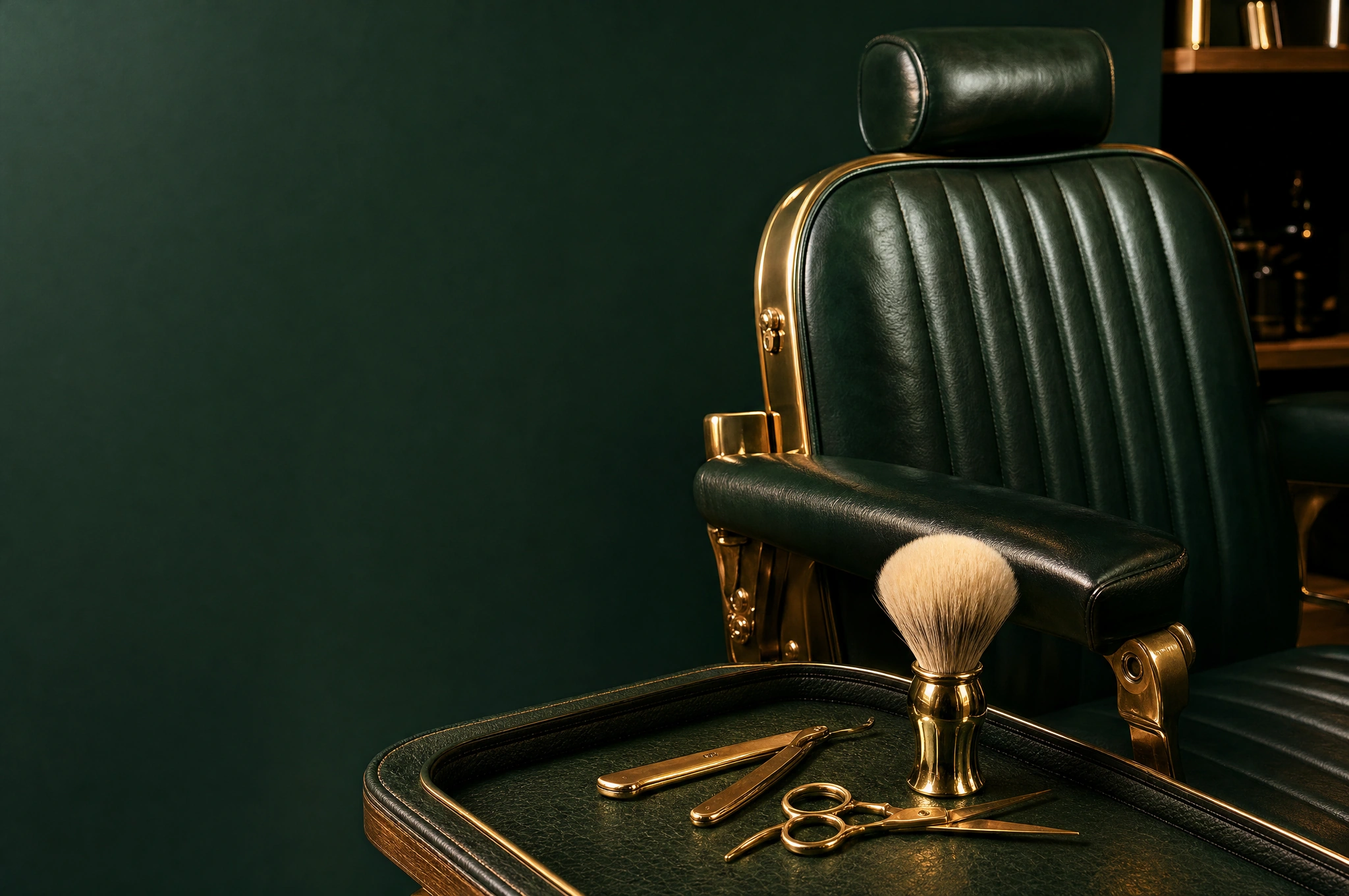 Brocha de afeitado, navaja y tijeras doradas junto a un sillón verde